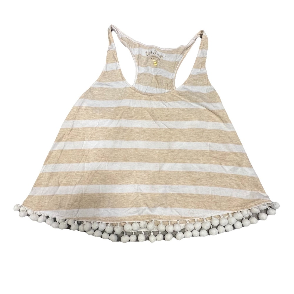 Lilly‎ Pulitzer Women's XS Tank Top Tan White Striped Pom Pom Racerback 25827